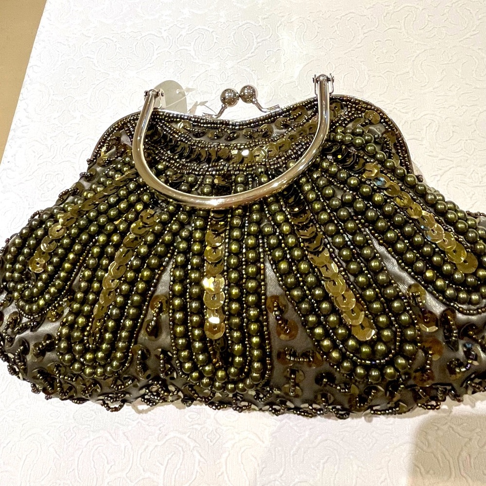 Elegant Beaded Clutch in Olive Green